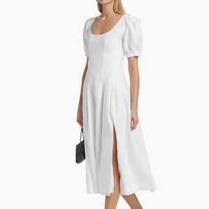 Reformation White Linen Midi Dress 12 Short Puff Sleeve Smocked Back Cottage